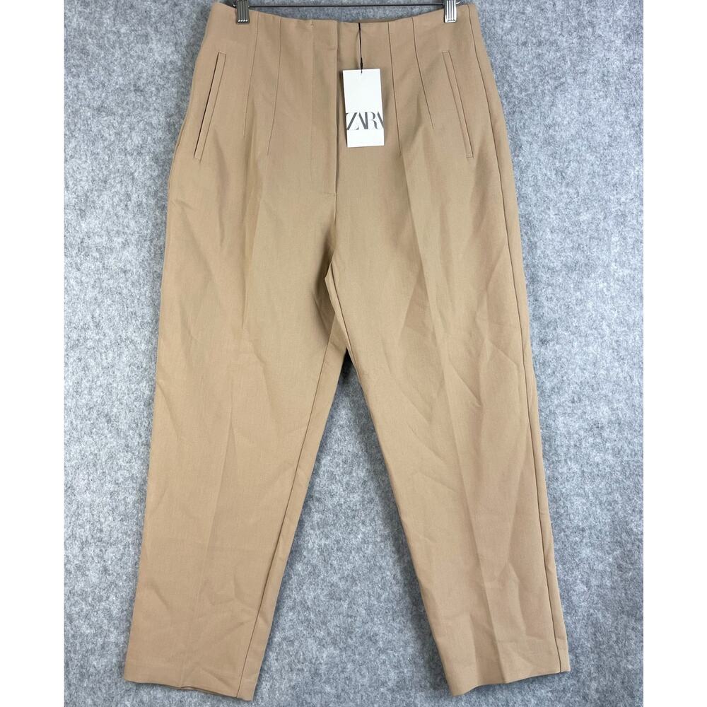 Zara Darted Pants Trousers Womens XL Beige High Waist Cropped Stretch NWT